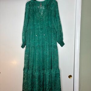 Emerald Green Marais Satin Burnout Edition Anthropology Maxi Dress Fem Boho Sz S